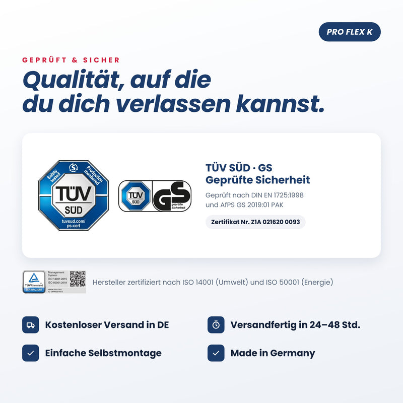 BeSports Pro Flex K – TÜV SÜD GS geprüft, Versand und Service